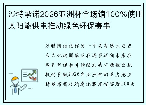 沙特承诺2026亚洲杯全场馆100%使用太阳能供电推动绿色环保赛事 沙特承诺2026亚洲杯全场馆100%使用太阳能供电推动绿色环保赛事