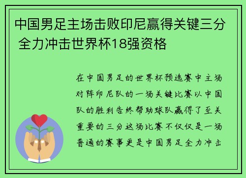 中国男足主场击败印尼赢得关键三分 全力冲击世界杯18强资格