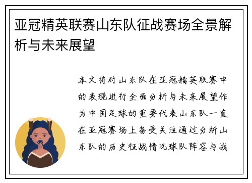 亚冠精英联赛山东队征战赛场全景解析与未来展望 亚冠精英联赛山东队征战赛场全景解析与未来展望
